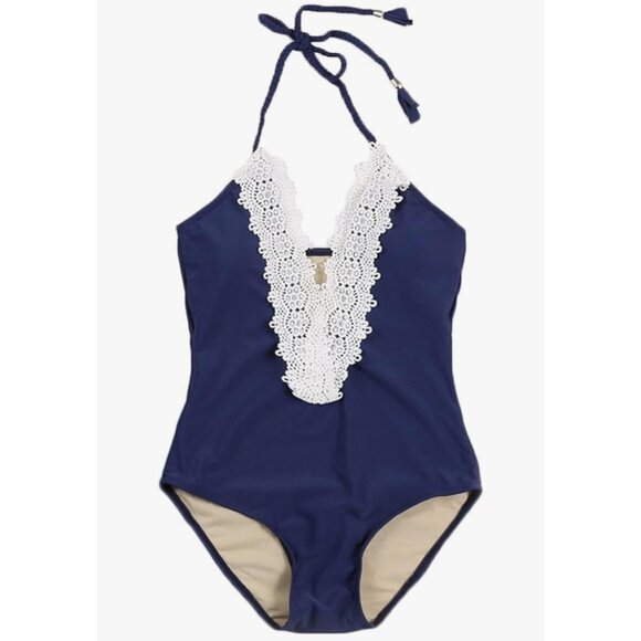 Navy Blue Monokini V-Neck One-Piece Swimsuit Low Back Halter Sexy Minimalist - Picture 1 of 16